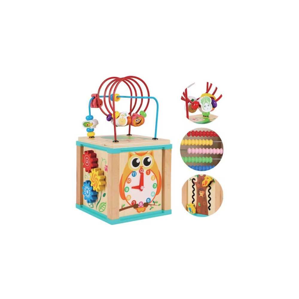 Jucarie educativa, cub din lemn cu mini jocuri, forme, abac si ceas