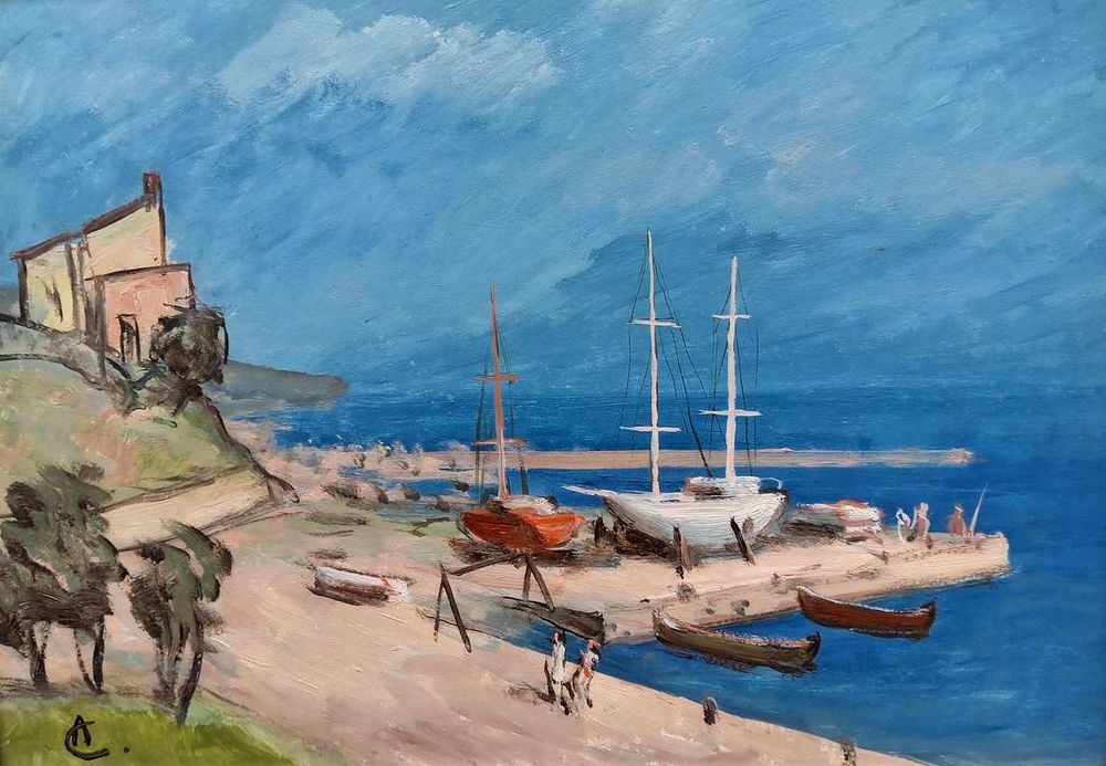 Tablou vechi - peisaj la mediterana - semnat AC ( Ciucurencu )