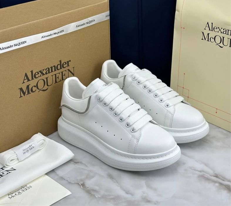 Adidasi Alexander Mcqueen albi cu fermoar zipper custom piele naturala