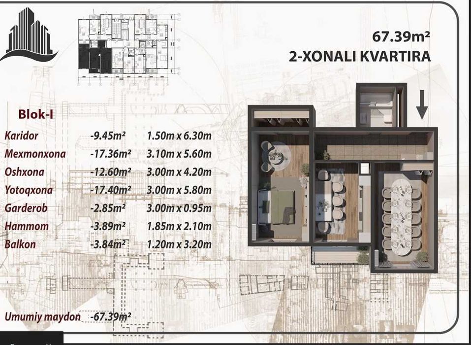ПОД ключ АРЗОН нархда 2- хонали хонадон срочна сотилади (707)