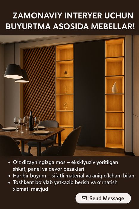 Мебель на заказ сиз истаган улчам ва дизайнда ясаб берамиз