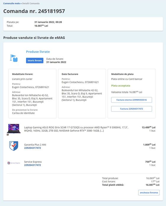 Vand laptop gaming ASUS ROG Strix SCAR 17 G733QS, garanție 01.2026