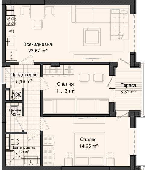 Тристаен апартамент Гагарин