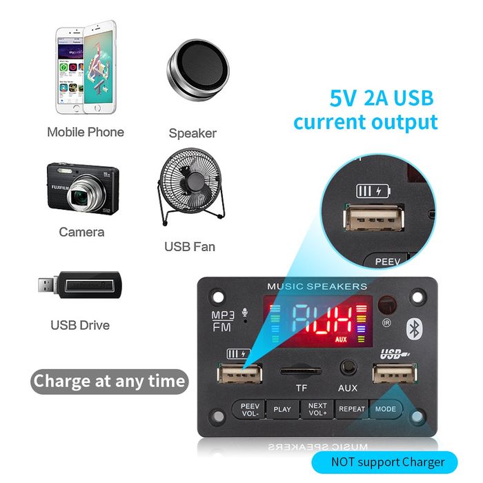 Mp3 player 2*3W за вграждане DC-5V/12V с БТ 5.0, 2*USB, Mic, Sd, Fm