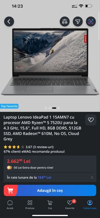 Vand Laptop Lenovo IdeaPad 1 15AMN7 + incarcator + mouse si mousepad