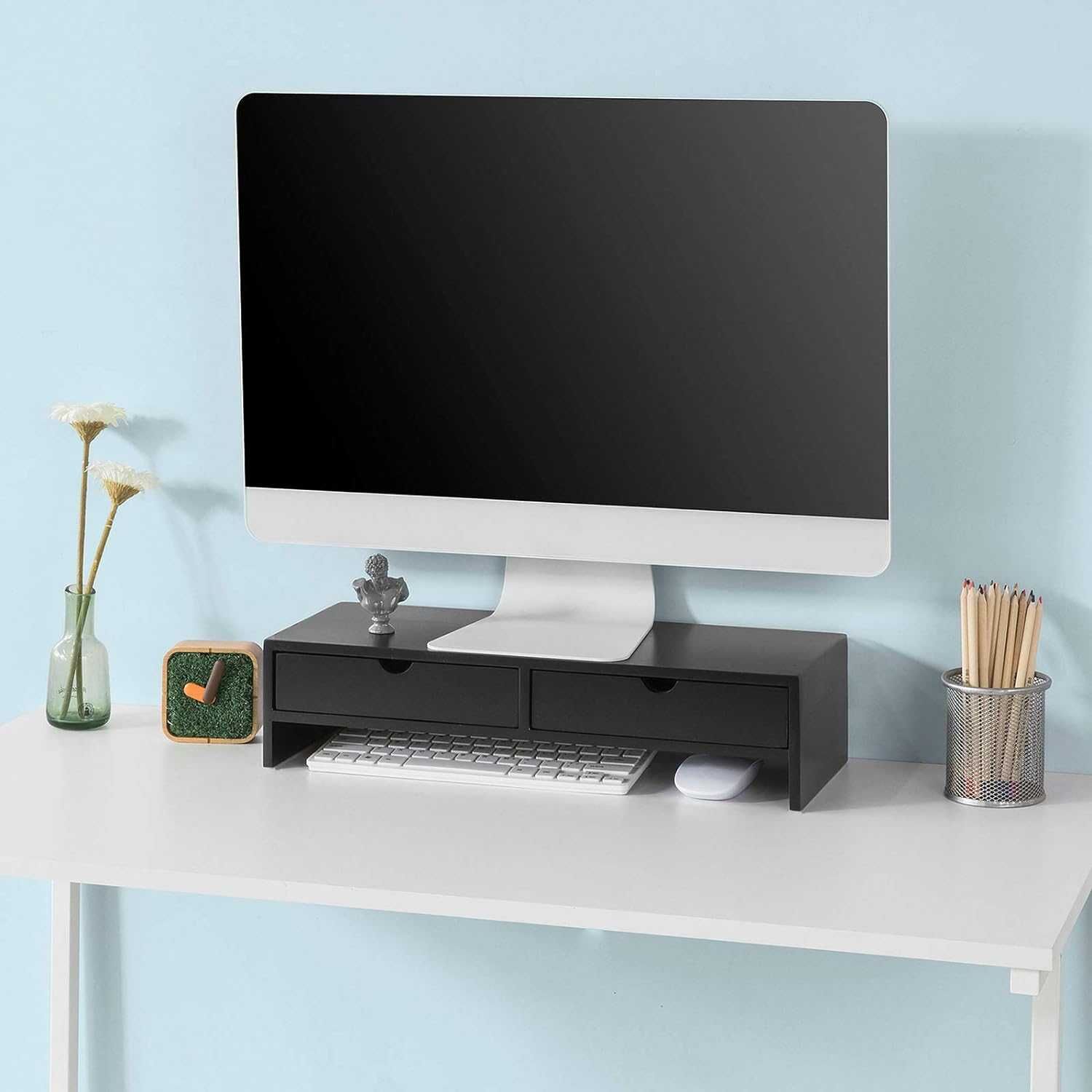 Suport de monitor pentru birou cu  sertare de depozitare ,  MDF, negru