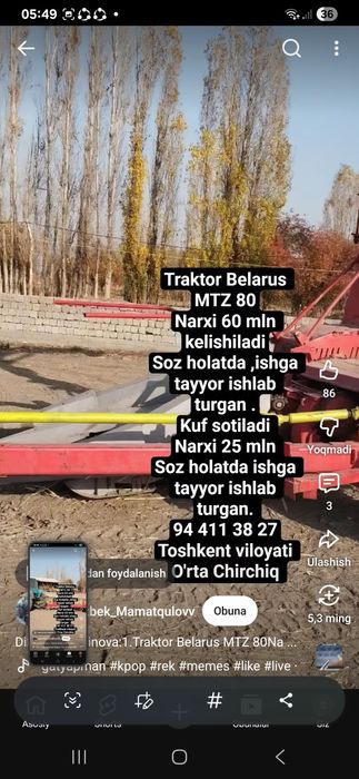 MTZ traktor sotiladi