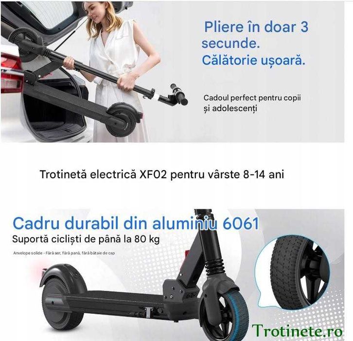 Trotineta electrica copii 8-14 ani, pliabilă, 200W 80kg, 20 km/ora