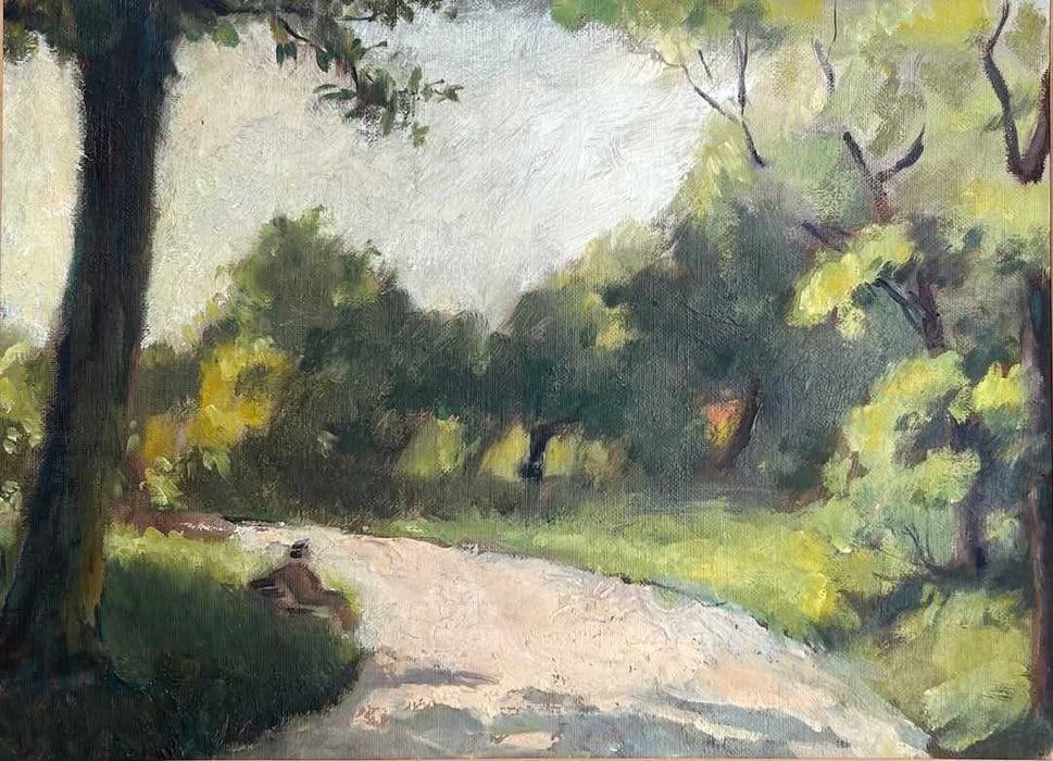 Traian Sfintescu (1905-1959) Tablou Peisaj In Cismigiu pe banca