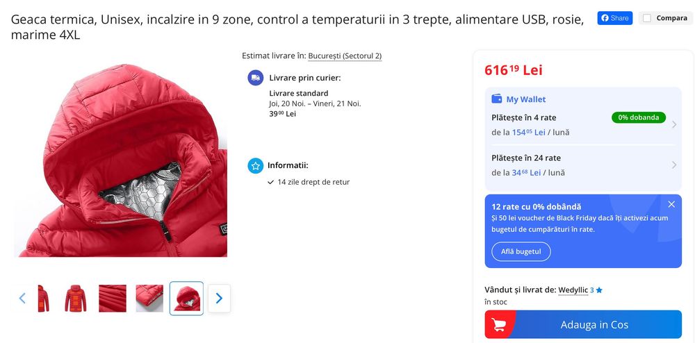 Geaca cu incalzire electrica in 9 zone, 3 trepte temperatura, 3XL-rosu