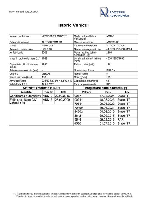 KOLEOS - 119 000 km. reali - Carte service si istoric RAR la zi