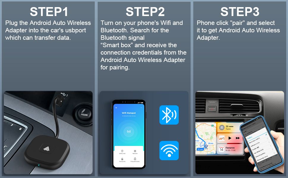 Android Auto Wireless cu adaptor USB la USB-C 5GHz WiFi 4.2 Bluetooth