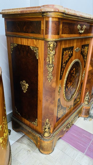 Comoda Mare Vintage Bronz Lemn Masiv Marmura Intarsie Antic
