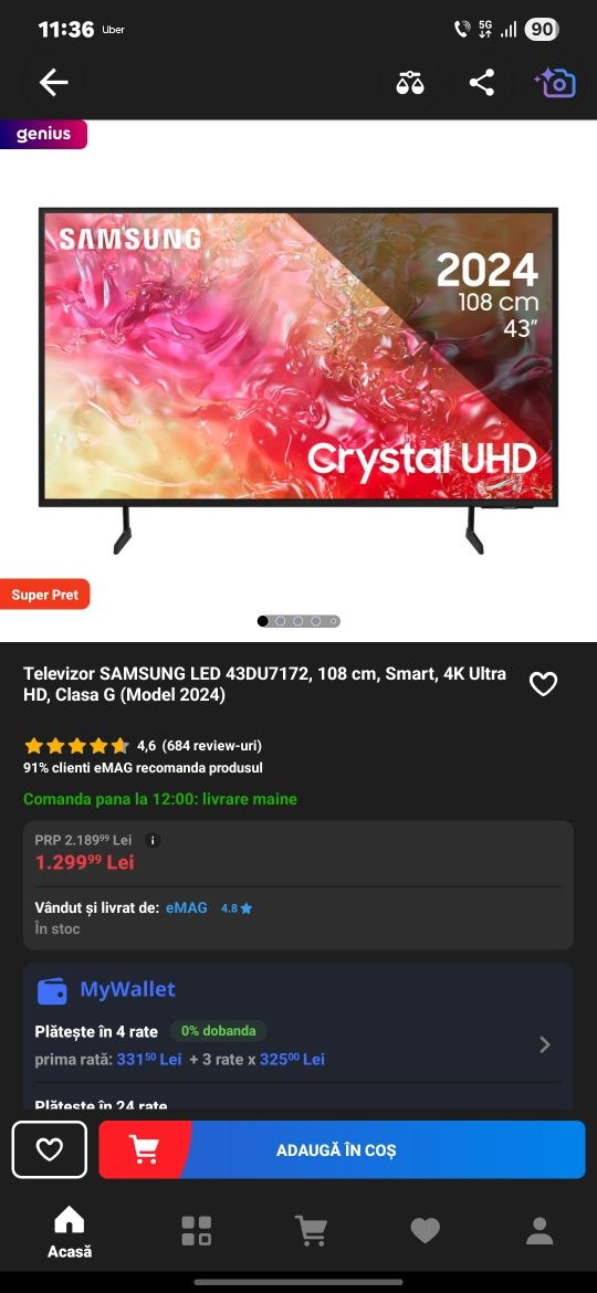 Televizor SAMSUNG LED 43DU7172, 108 cm, Smart, 4K Ultra HD, Clasa G