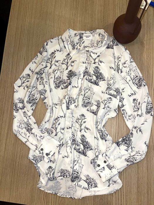 копринена бяла риза на диор dior с дъкъг ръкав сини дървета луксозна