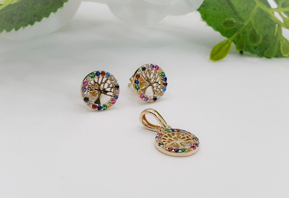 Set din aur de 14K cercei și pandantiv cu Pomul Vieții și zirconii
