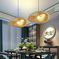 Винтидж висяща лампа, полилей ретро индустриална естествен бамбук