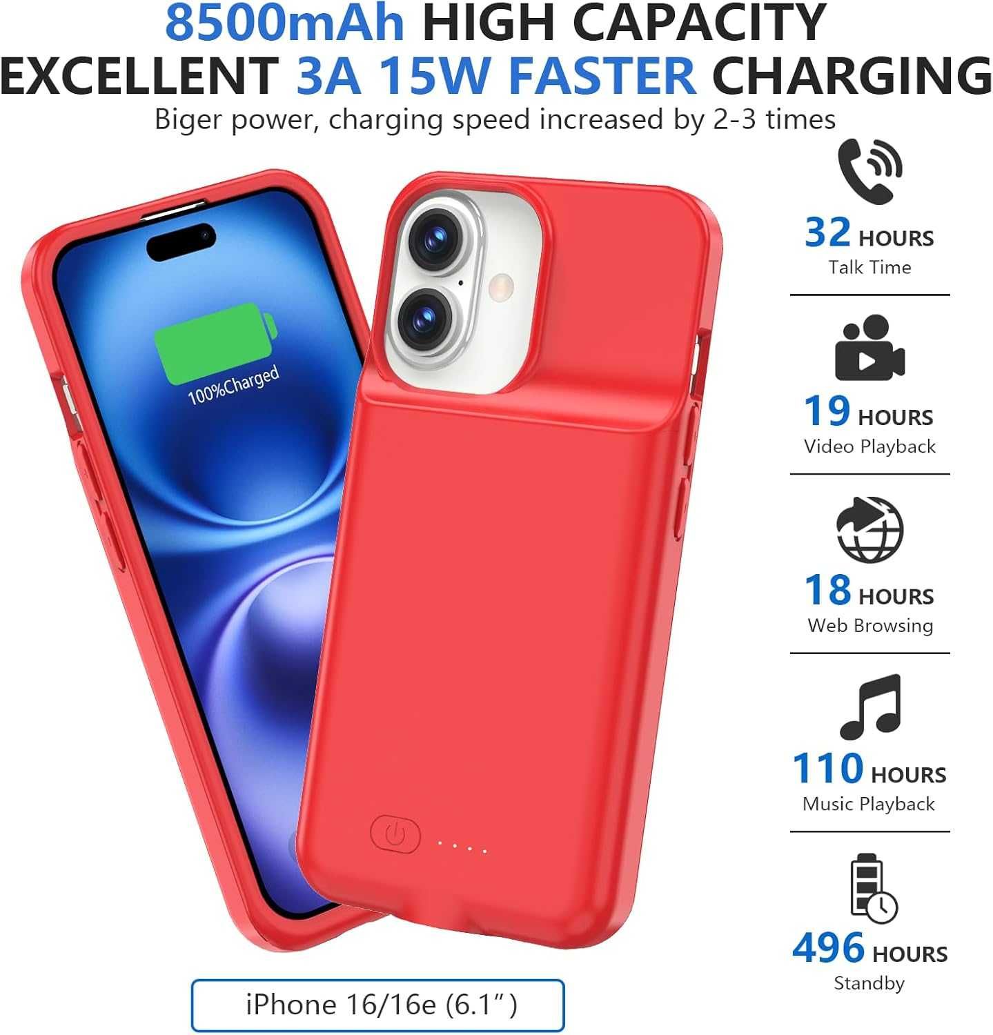 Калъф с батерия BOPPS за iPhone 16-6,1 инча, 15 W, 8500 mAh - червен