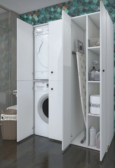 Шкаф за пералня и сушилня с рафтове и място за маса гладене