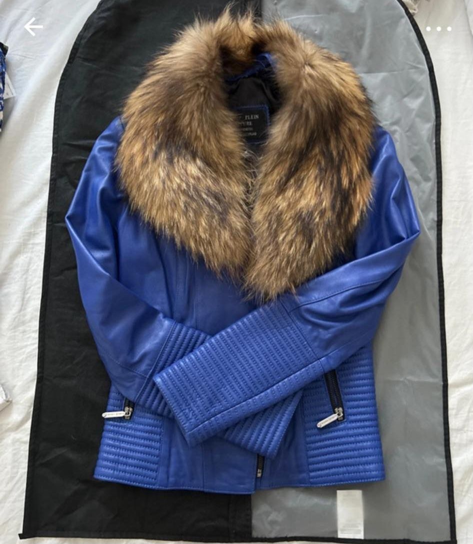 Geaca piele cu guler din  blana naturala Philipp Plein