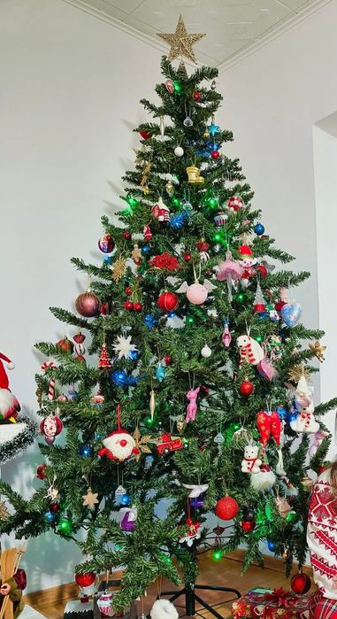 Vând bradut cu tot cu ornamente. Are 1.8m