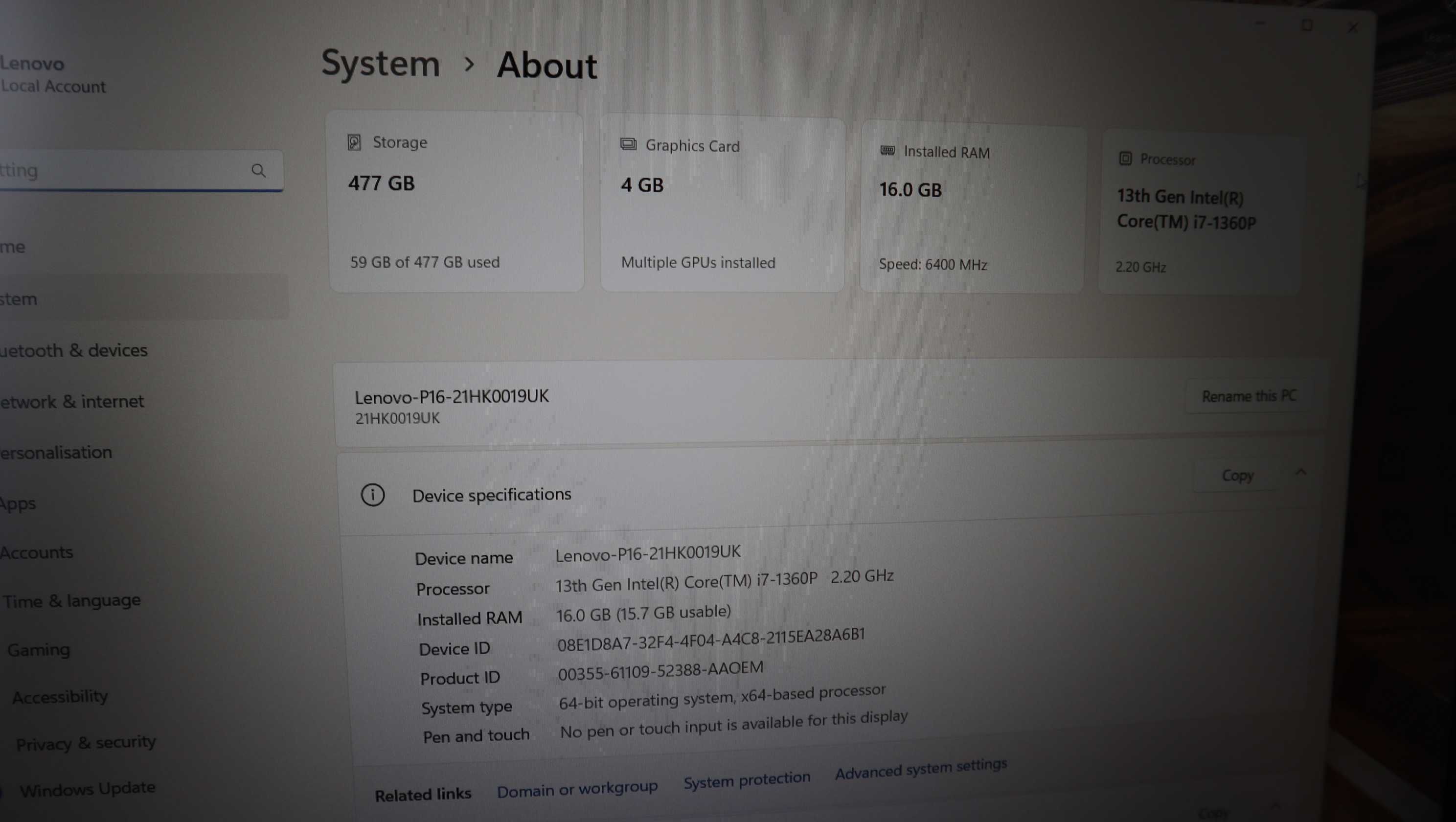Lenovo ThinkPad P16s Gen2 IPS Nvidia RTX A500 / i7 1360p / 512GB/ 16GB