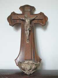 Crucifix vechi din lemn și bronz argintat, de secol XIX
