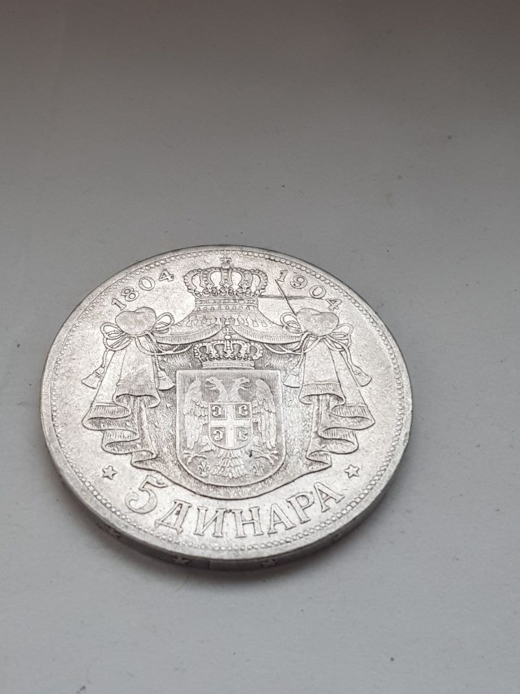 Moneda Serbia argint 5 dinari 1904 Peter I 24,92 gr