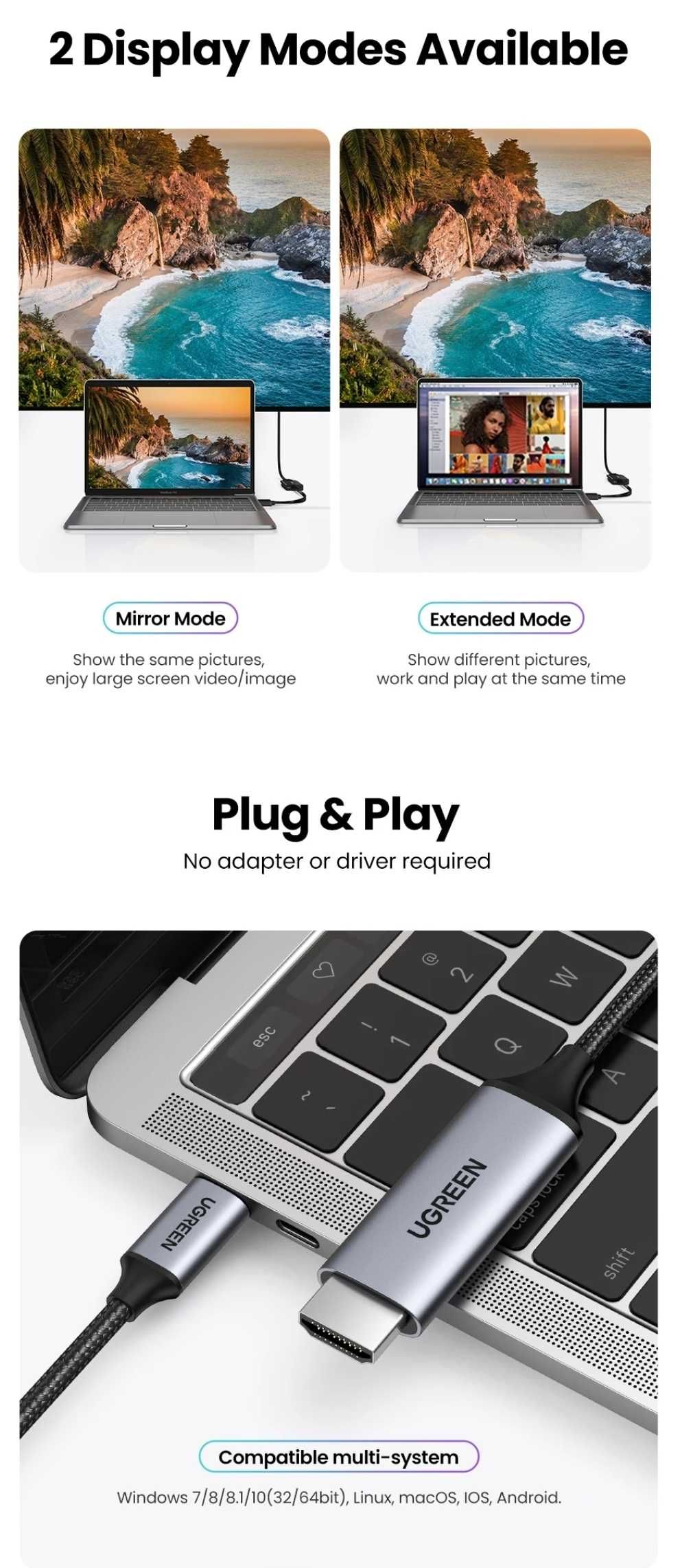 UGREEN Кабель 4K/60Hz 2K/120HZ 18Gbps USB-C to HDMI Cable for PS5 PS4