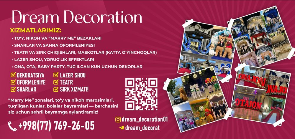 Dekoratsiya Oformleniye Sharlar  Lazer shou Teatr Sirk xizmati!