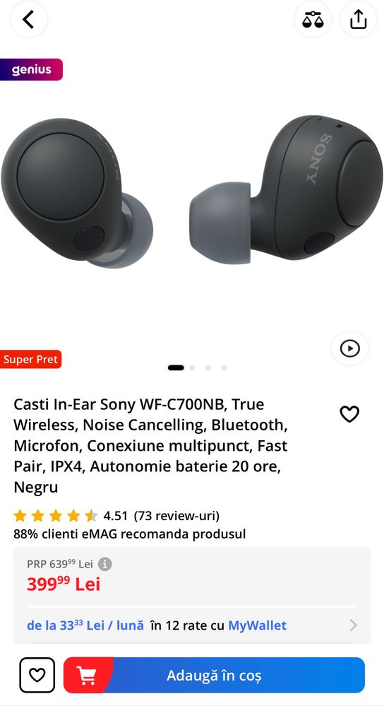 Casti In-Ear Sony WF-C700N Bluetooth Negru Noi Sigilate