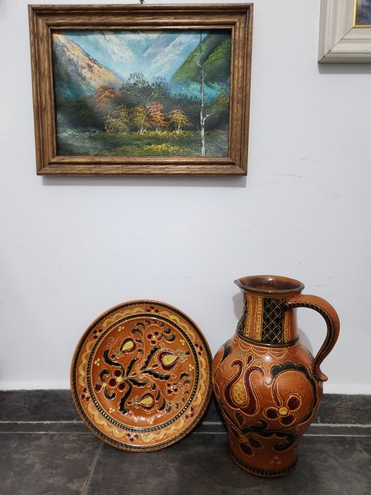 Set carafa și farfurie din ceramica ,hand made, de proveniență Austria