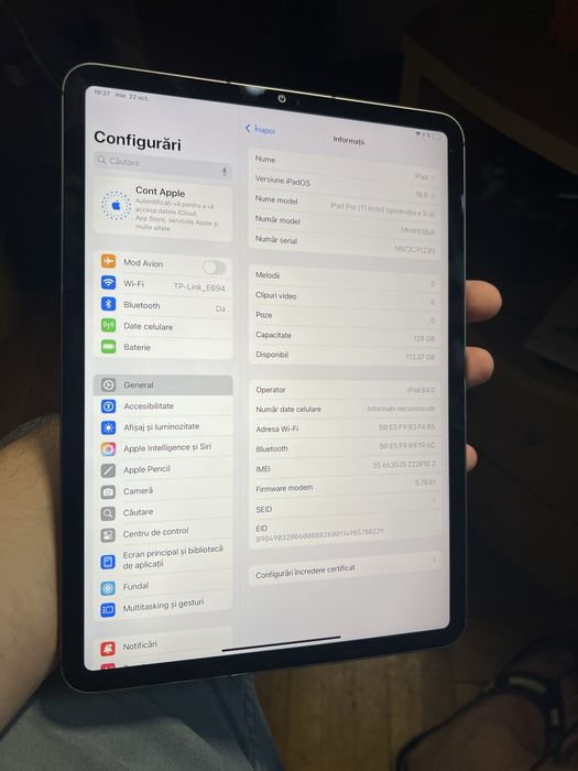 iPad Pro 11” (Gen 3) M1 128 GB, Wi-Fi + 5G bat 92%