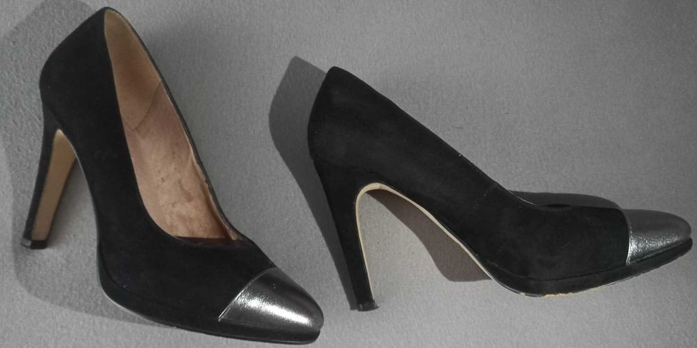 Pantofi 5th Avenue negru/argintiu cu toc din piele intoarsa marimea 36