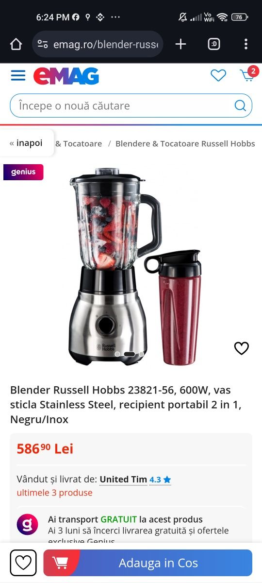 Blender 2 in 1 jug stainless steel Russell Hobbs nou