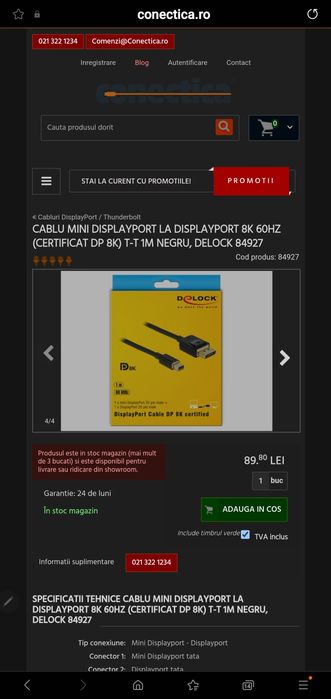 Cablu Mini DisplayPort la DisplayPort 1.4 8K 60-240HZ Display Port DEL
