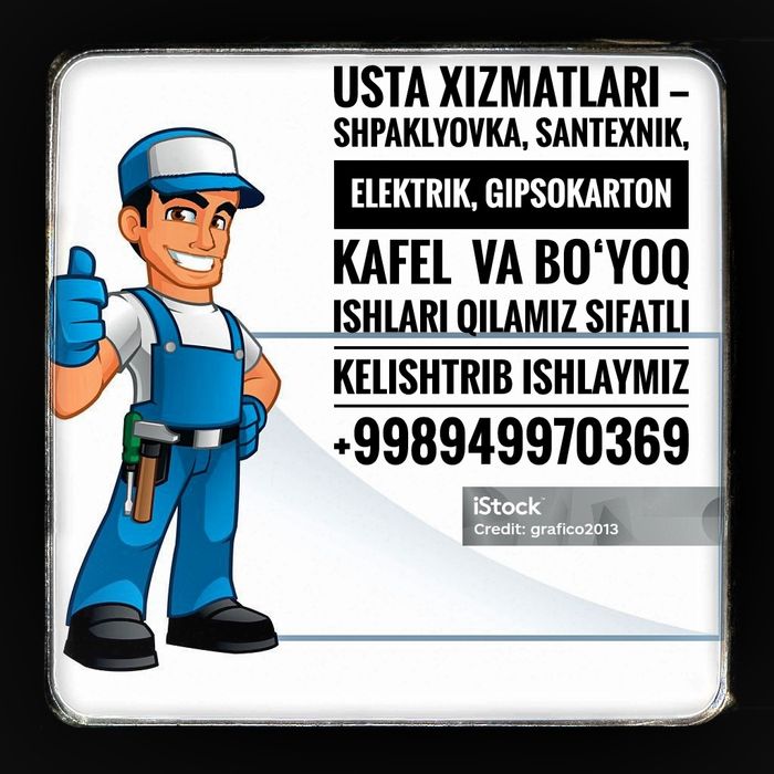 Usta xizmatlari — Shpaklyovka, santexnik, elektrik, gipsokarton va bo‘