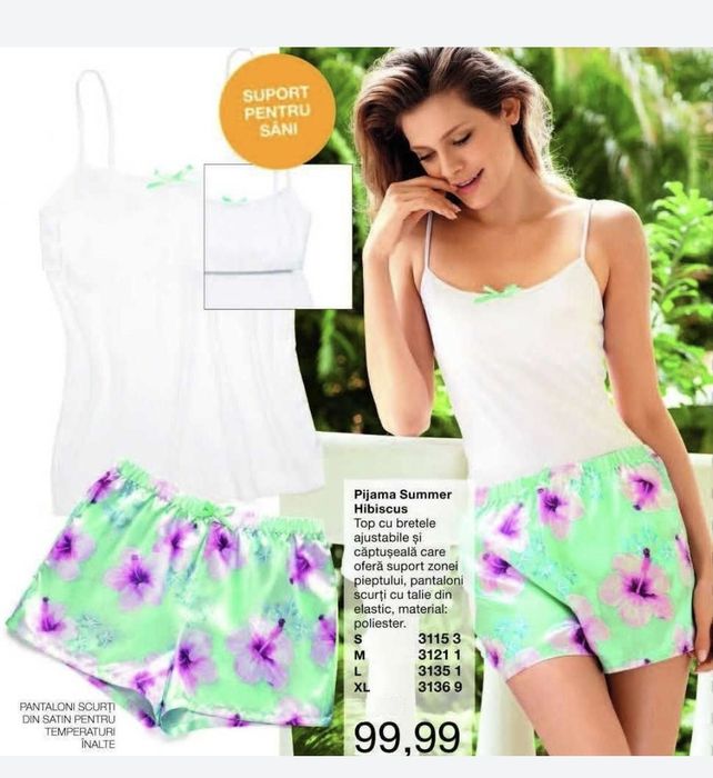 Pijama cu suport bust si pantaloni satin cu imprimeu exotic, Avon, M-L