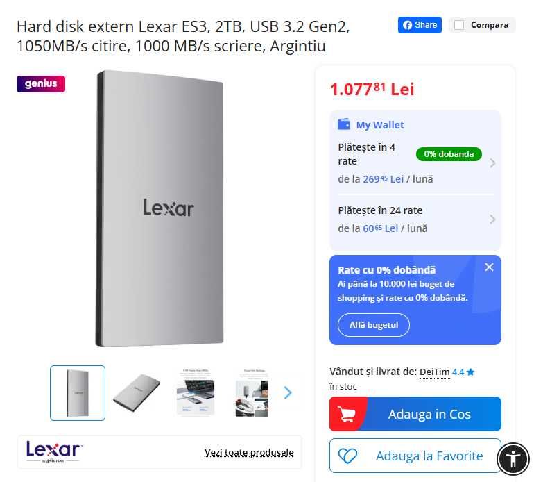 SSD Lexar ES3 2TB, USB 3.2 Gen2, 1050MB/s citire, 1000 MB/s Sigilat