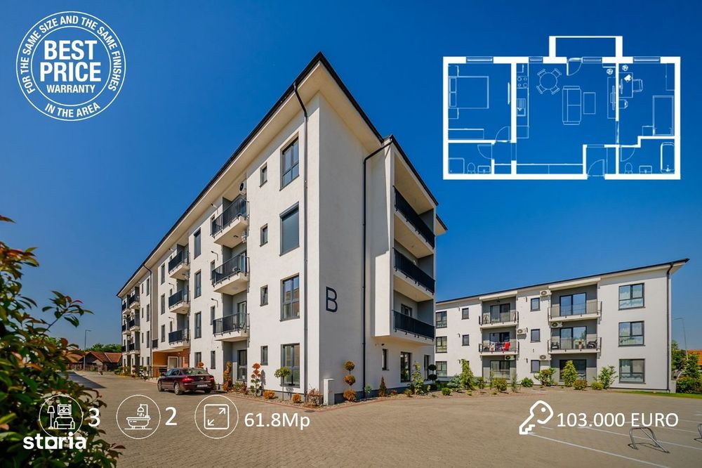 Apartament cu 3 camere, etaj 2, orientare Est – 62 mp utili