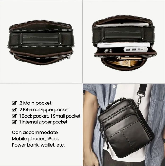 Мъжка кожена чанта/Голяма класическа и универсална•Черна естест. кожа!