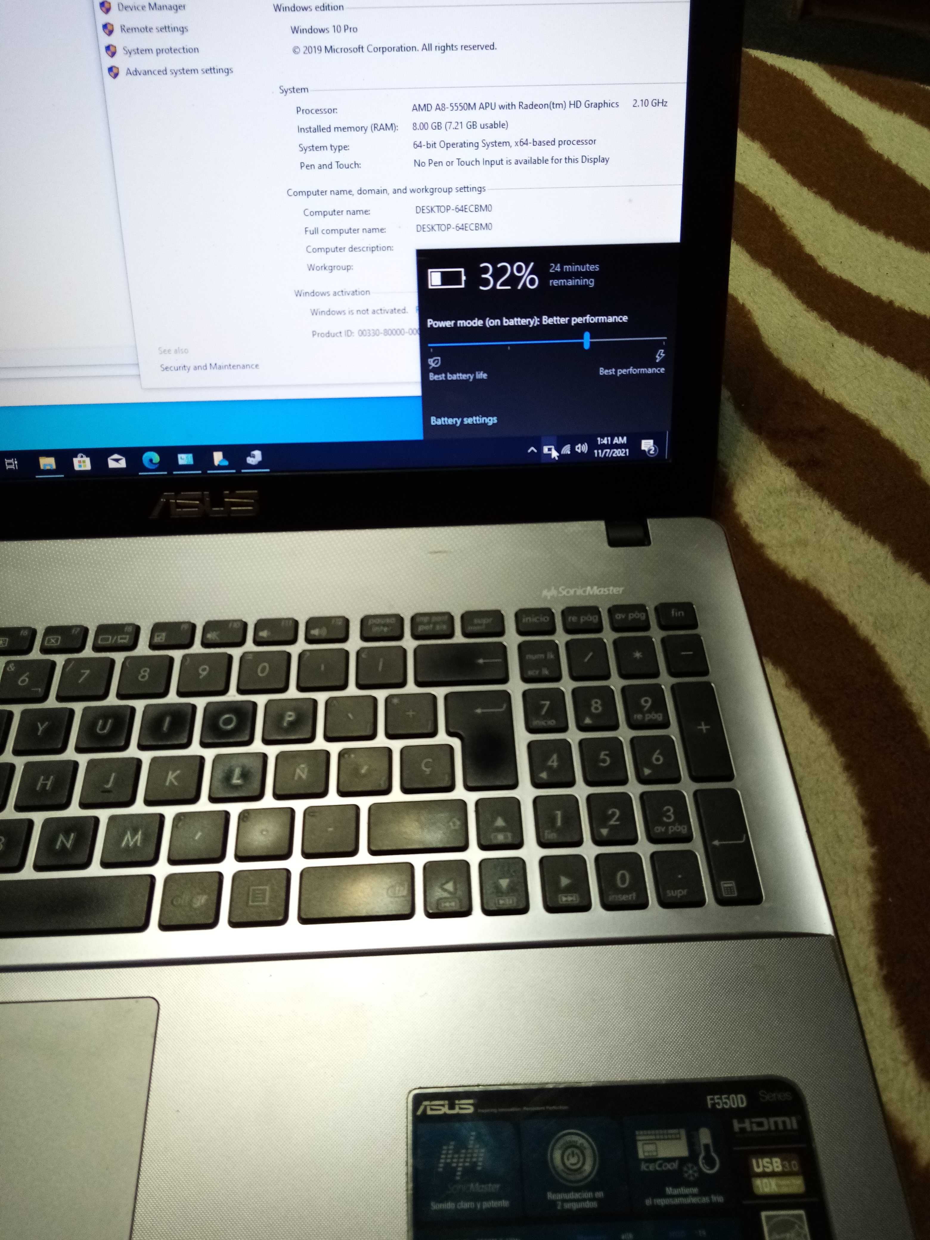 Laptop Asus F550d amd a8-5550m 8gb ram  dual graphics HD 8670m hdd 1tb