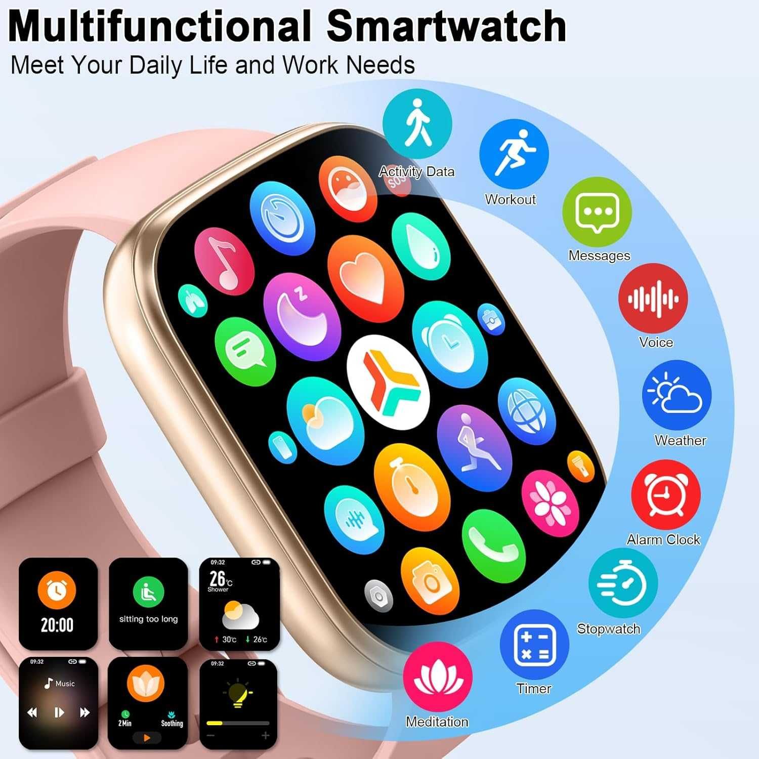 Смарт часовник 1.95" HD дисплей, Bluetooth обаждания,пулс и сън –Розов