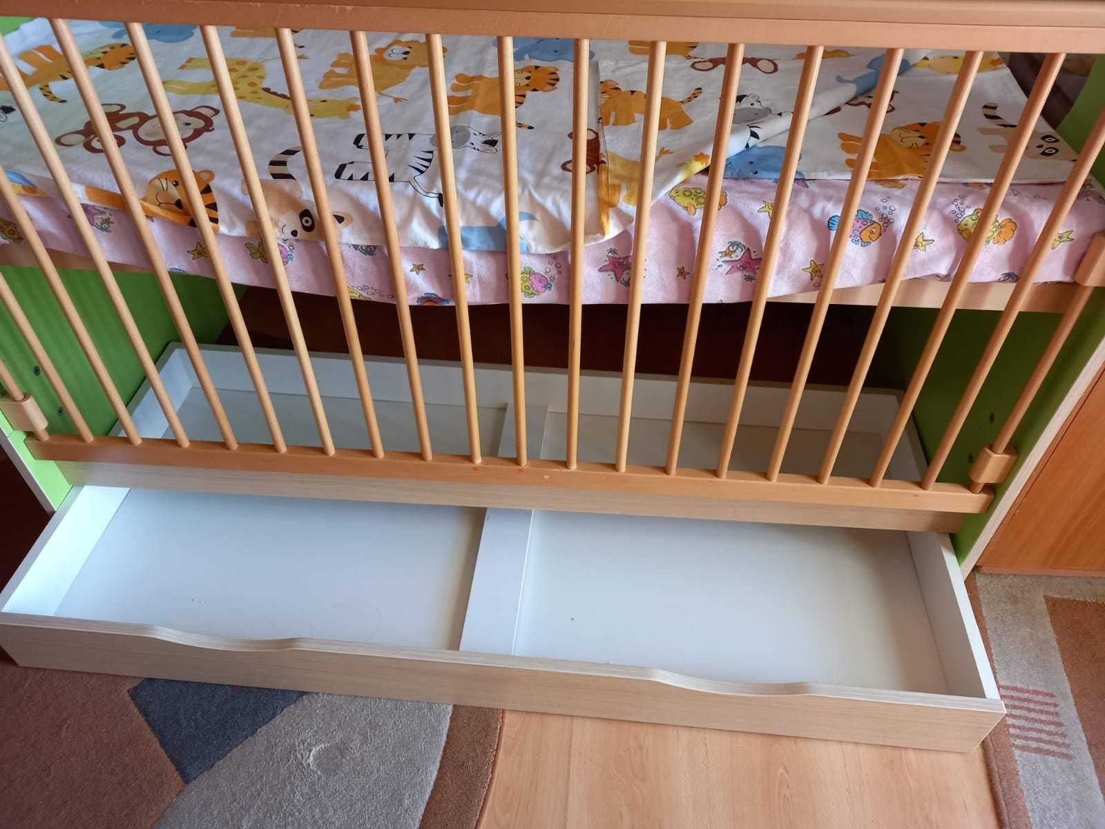 Pătuț copil cu sertar spațios si reglaj pe înălțime + saltea din cocos