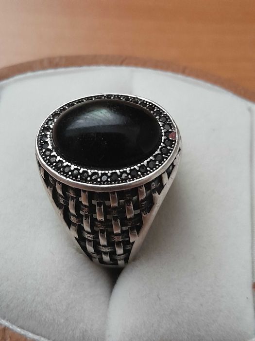 Inel vechi argint 925 marcat, onix, zirconii negre