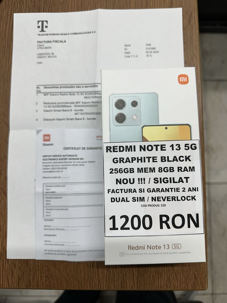 AMANET NO LIMIT: Redmi Note 13  5G Black Sigilat Garantie si Bon.