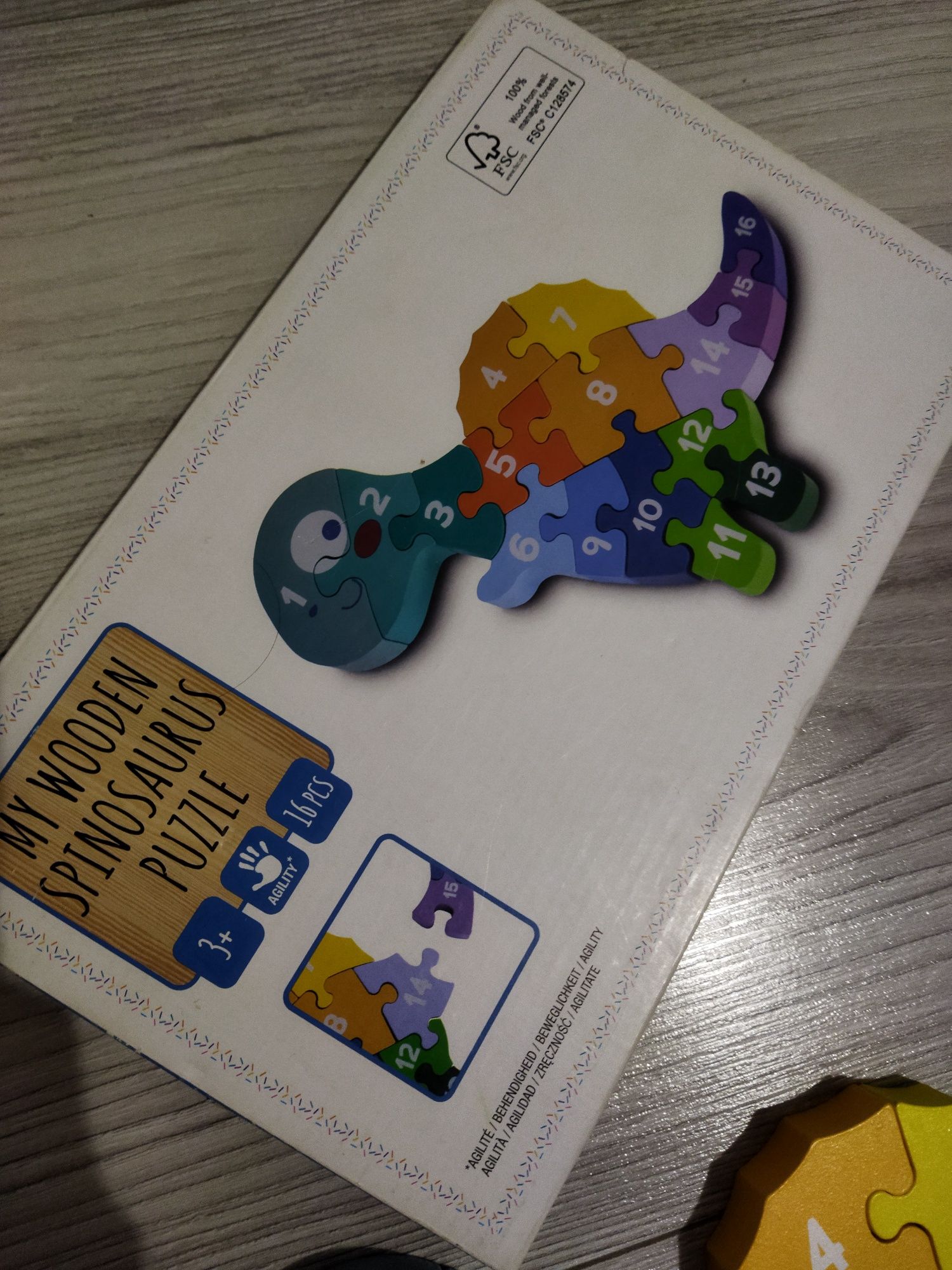 Puzzle dinozaur din lemn Montessori învățare culori și cifre vârstă 3+