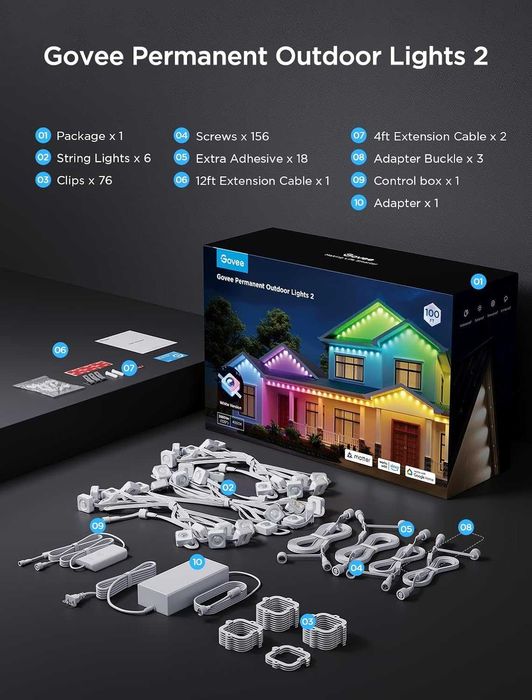 Перманентни външни осветителни тела Govee 2, 30 м RGBIC, 72 LED, IP67
