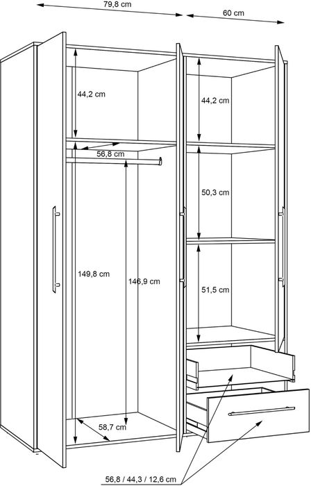 Dulap cu trei usi Tendency , Alb-Stejar , 144.4 cm