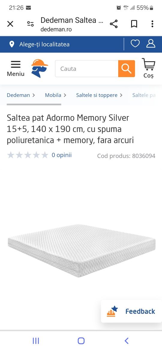 Saltea Adormo spuma 15 cm+ memorie 5 cm, 1400x1900